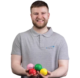 4imprint employee Michael holding Stress Balls