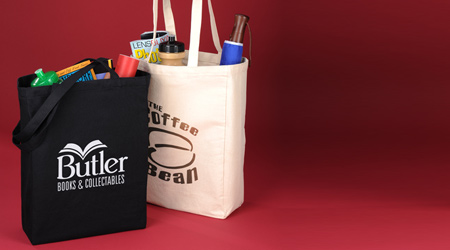 Promotional bags that includes reusable grocery totes